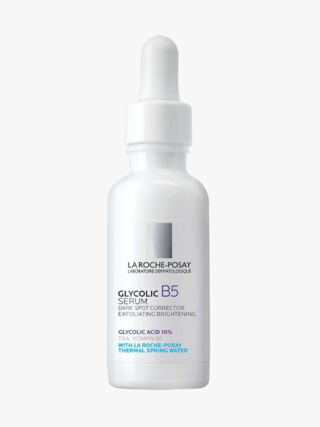 La Roche-Posay Glycolic B5 10% Pure Glycolic Acid Serum in branded dropper component on a light gray background