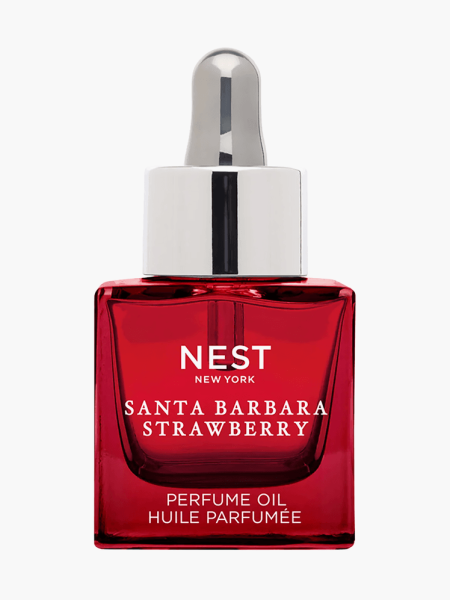 Strawberry Perfume Oil in branded red bottle with metallic silver pipette on light gray background